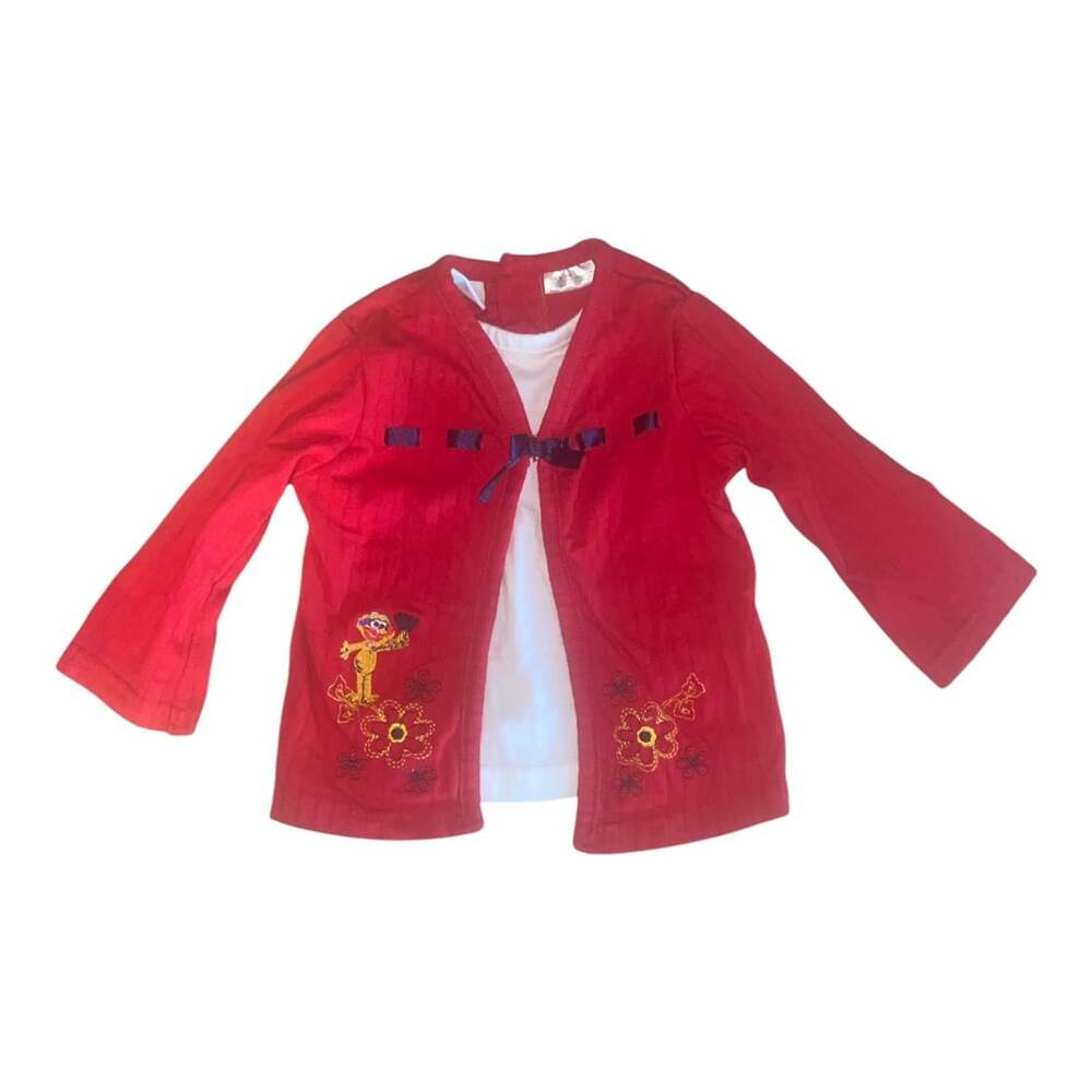Vintage Sesame Street Cardigan Size 12M Red Embroidered Floral Elmo